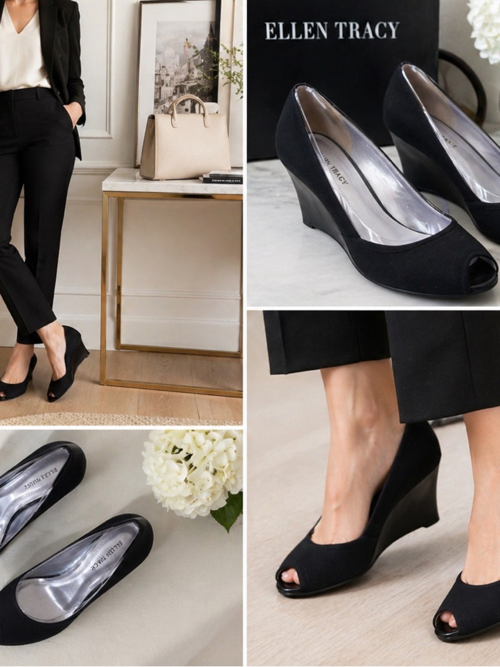 Ellen Tracy Dress Pumps Womens 8.5 Black Peep Toe Wedge Heels Stretch Fabric
